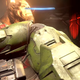Master Chief punches a high-resolution Brute named Craig in Halo Infinite.